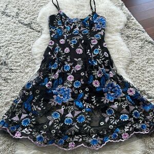 Dress The Population cocktail dress with blue and pink sequins